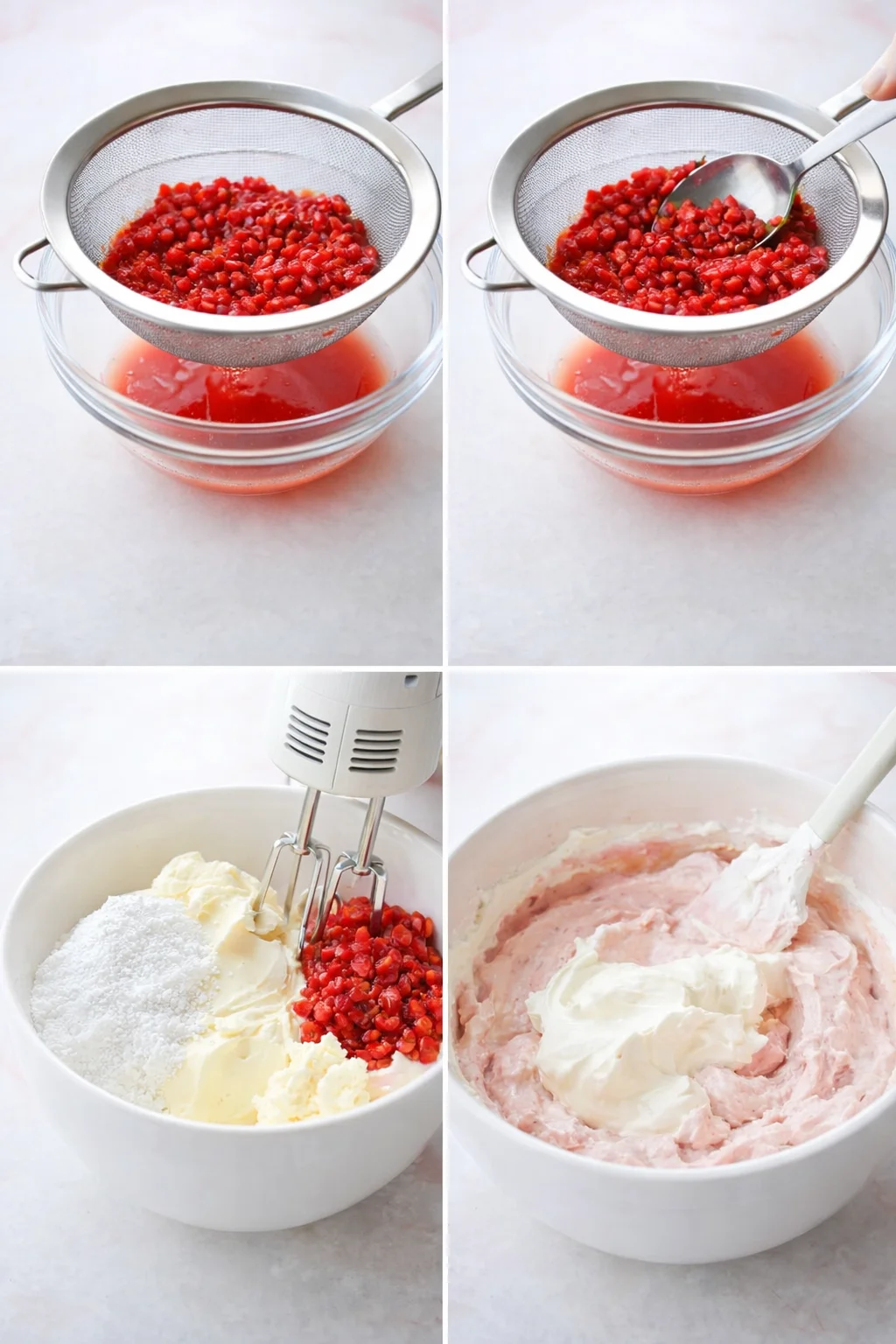 Strained macerated strawberries and squeezed juices, cream cheese, melted white chocolate added, mixture being beaten and folded