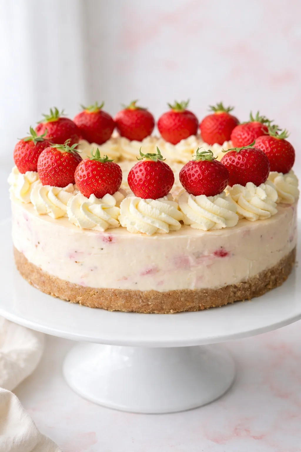 Piping bag creating whipped cream swirls on top while fresh strawberries are arranged