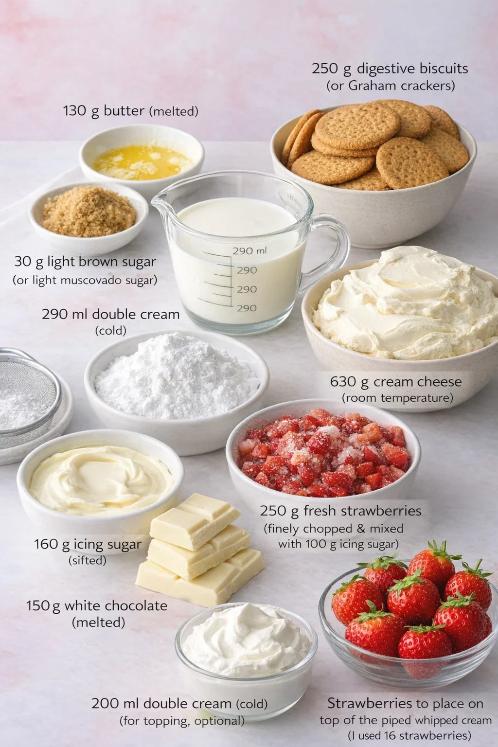 Measured ingredients arranged for No-Bake Strawberry White Chocolate Cheesecake - Baker Jo: 250 g digestive biscuits (or Graham crackers), 130 g butter (melted), 30 g light brown sugar (or light muscovado sugar; if using