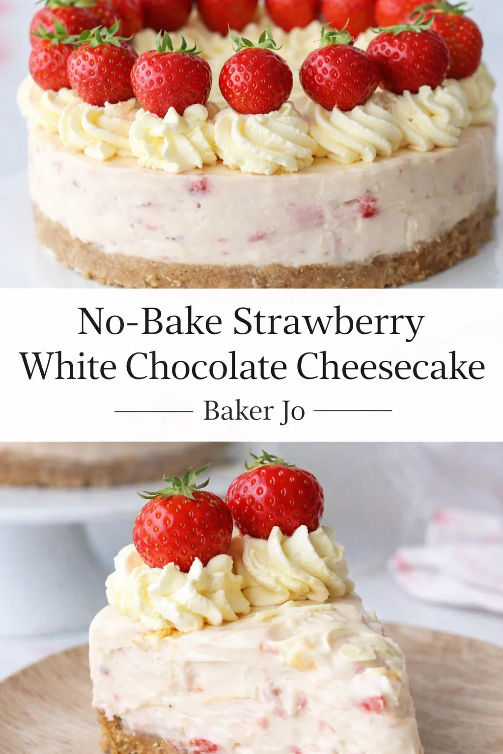 Pinterest-style image for No-Bake Strawberry White Chocolate Cheesecake - Baker Jo with centered text overlay