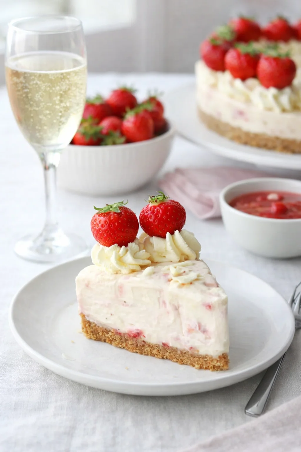 Alternative angle of No-Bake Strawberry White Chocolate Cheesecake - Baker Jo served with a pairing