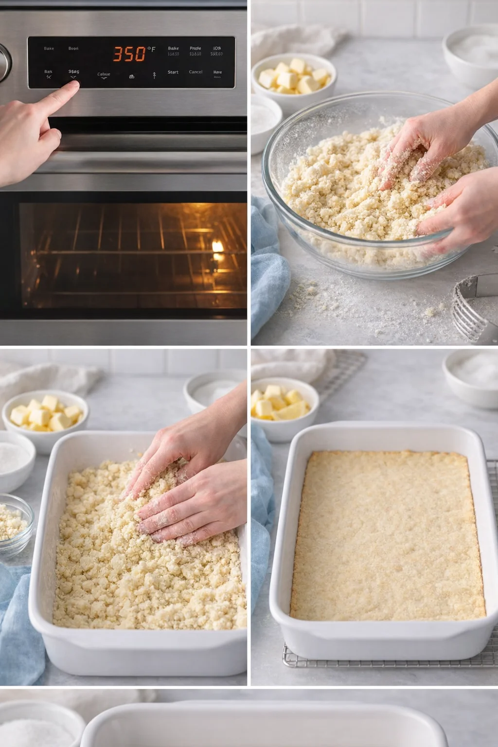 Hands rubbing cold butter into flour and sugar, pressing crumbly dough into a 9×13-inch pan.