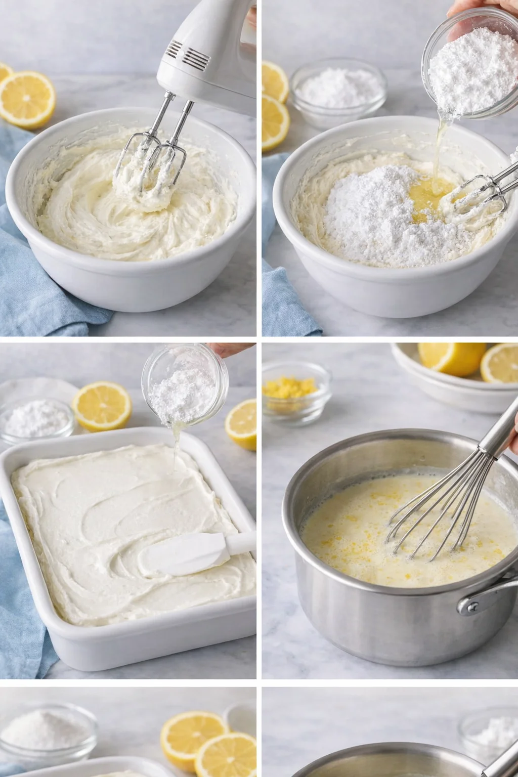 Electric mixer beating softened cream cheese until smooth, powdered sugar and lemon nearby on counter.