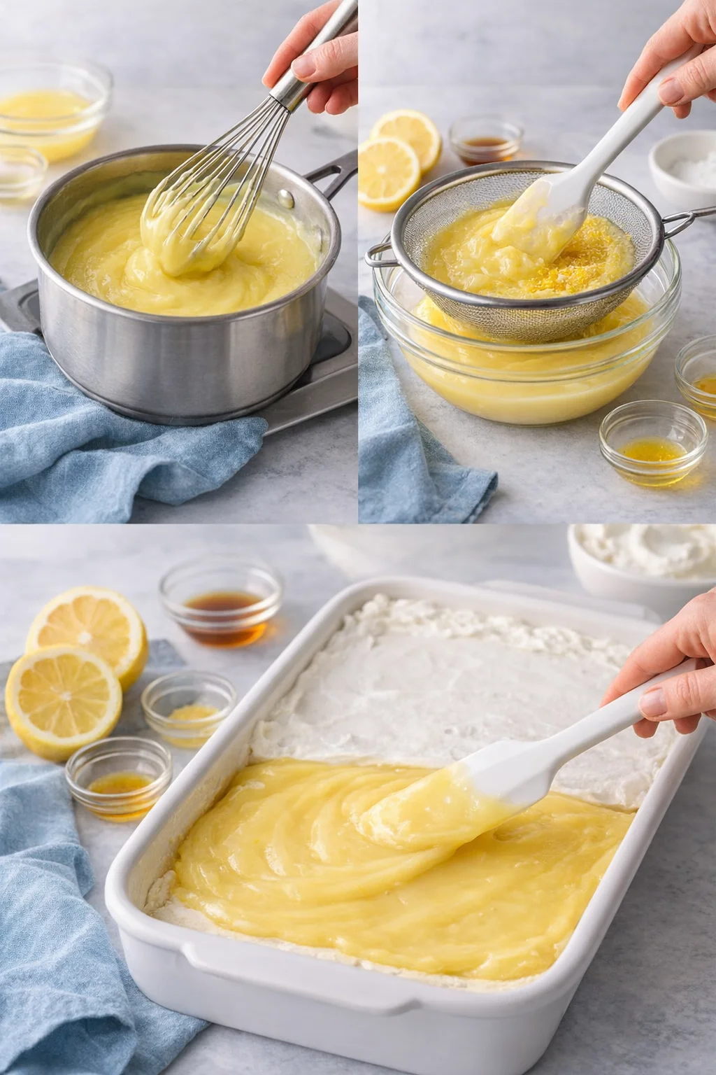 Thick glossy lemon pudding being whisked in a saucepan, then strained and cooled before spreading.