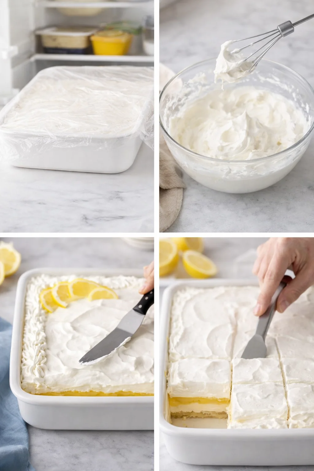 Chilled lemon squares topped with whipped cream, a warmed knife being wiped between clean slices.