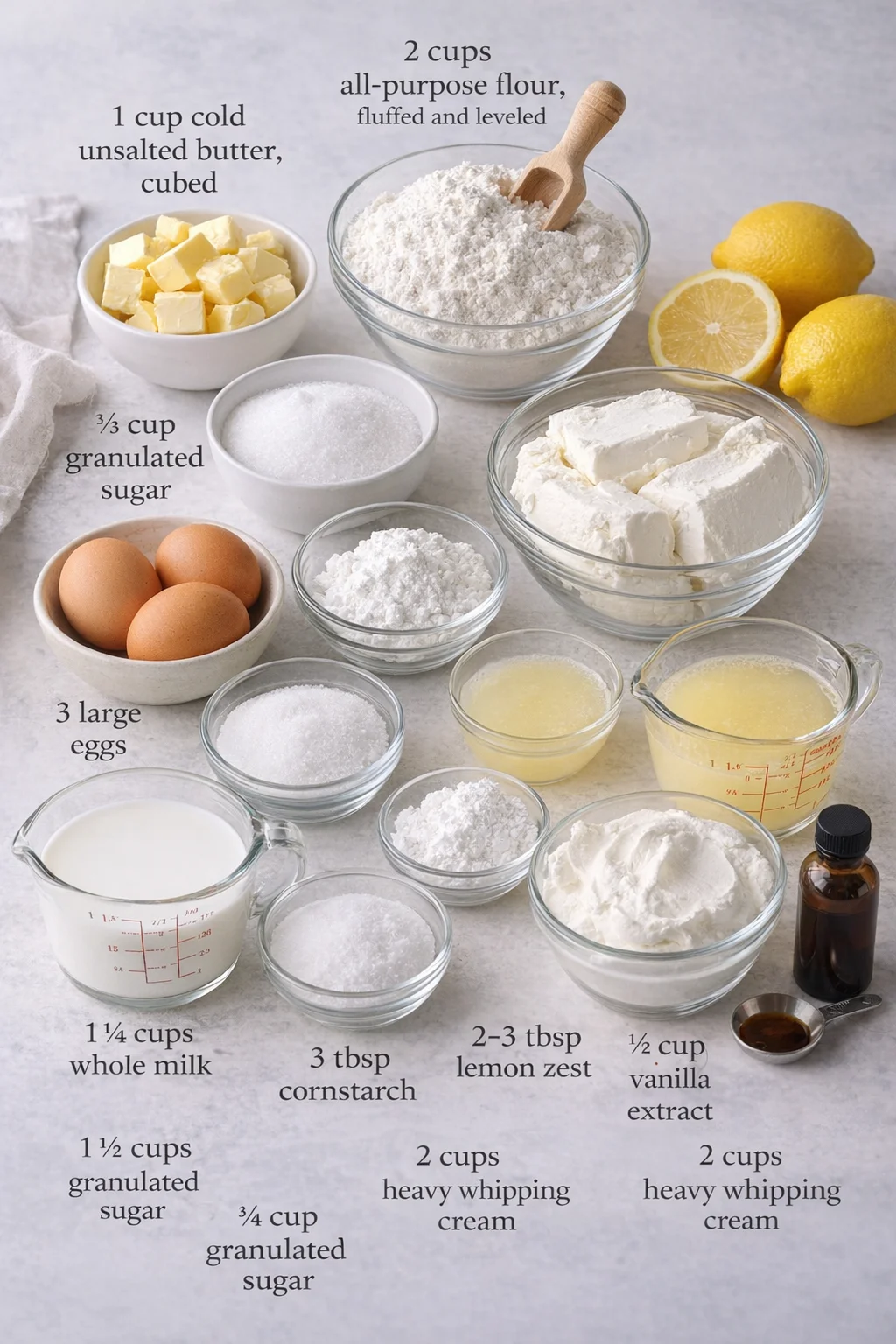 Measured ingredients arranged for Lemon Lush Dessert Recipe: 1 cup cold unsalted butter, cubed, 2 cups all-purpose flour, fluffed and leveled, ⅓ cup granulated sugar, 16 oz cream cheese, softened, 1 ½ cups powdered sugar