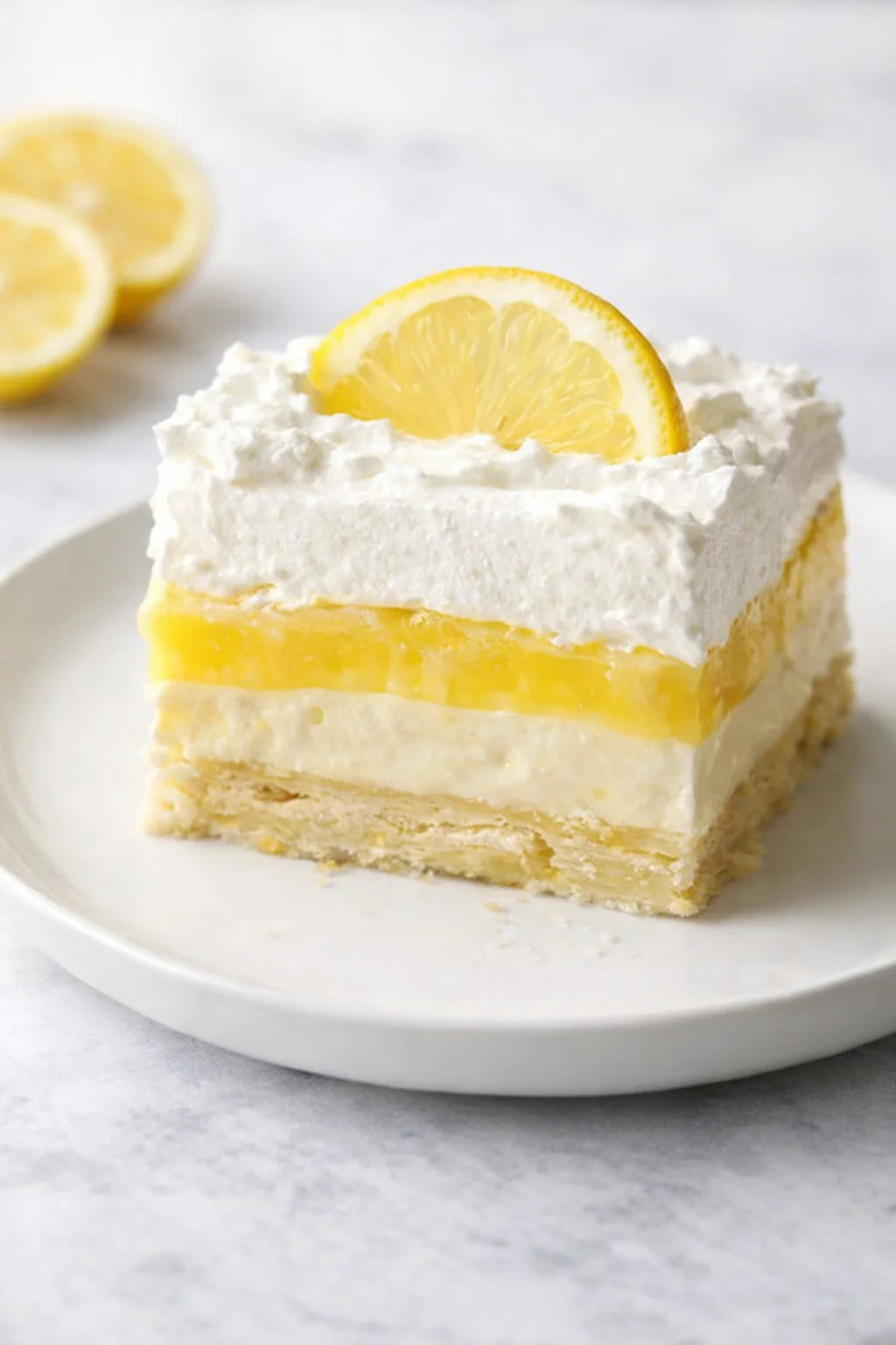 Final plated Lemon Lush Dessert Recipe served as a hero shot