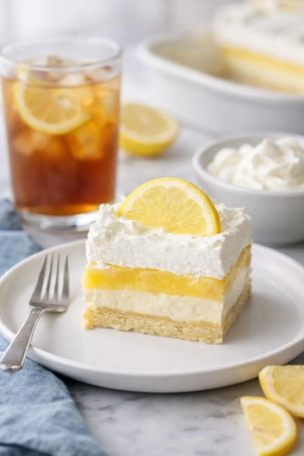 Alternative angle of Lemon Lush Dessert Recipe served with a pairing