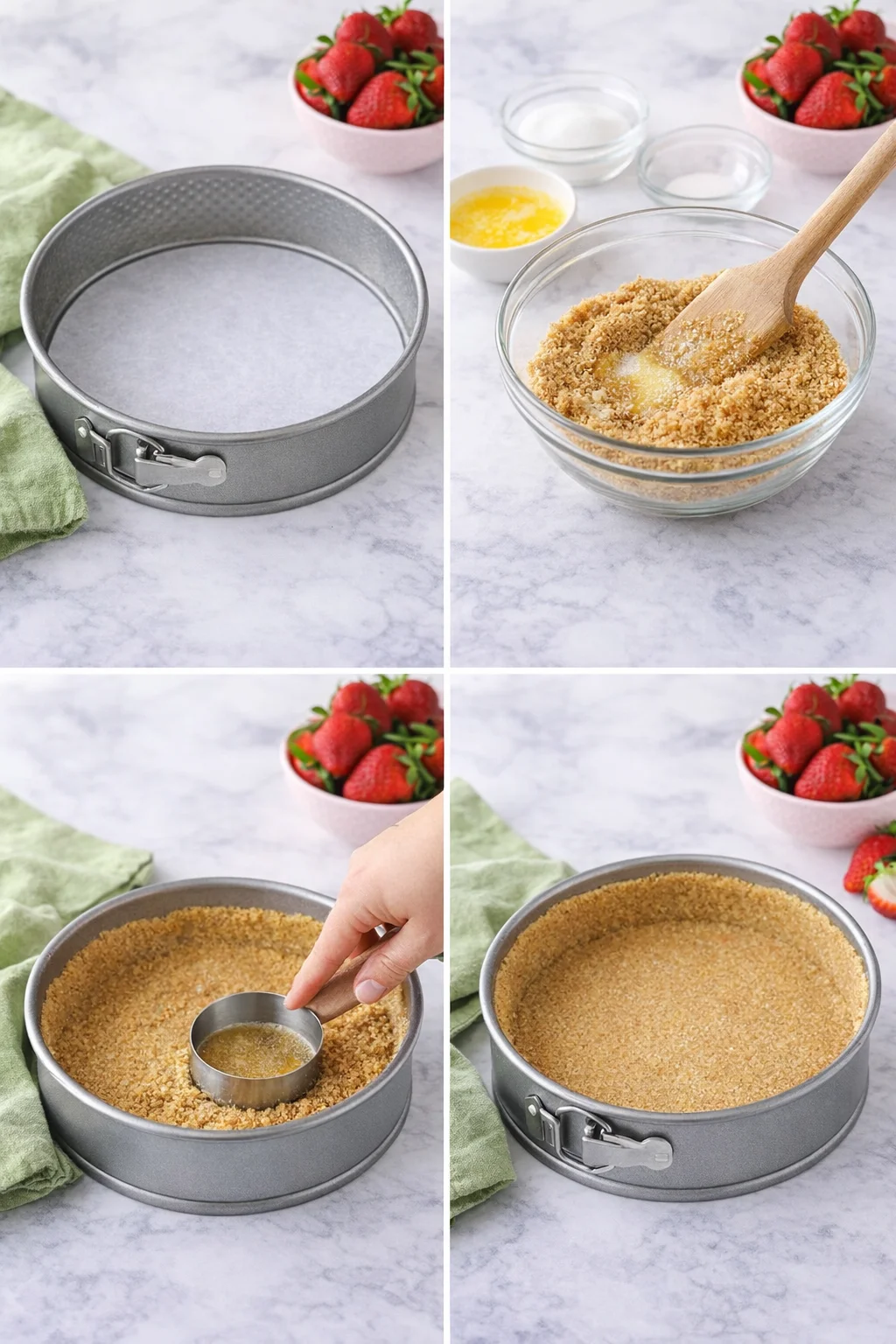 Hands pressing vanilla wafer crumb crust into a parchment-lined 9-inch springform pan.