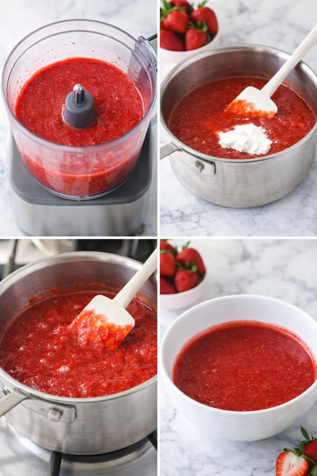 Thickening bright red strawberry puree bubbling in a saucepan while being stirred.