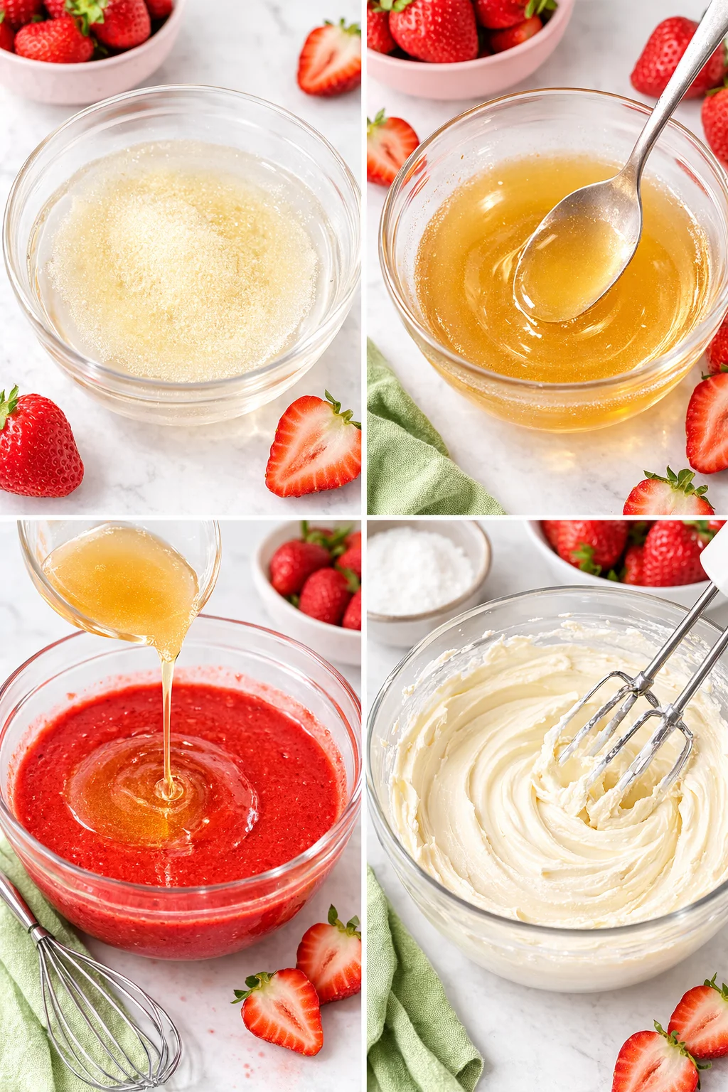Granulated gelatin blooming in water with a separate bowl of smooth, beaten cream cheese.