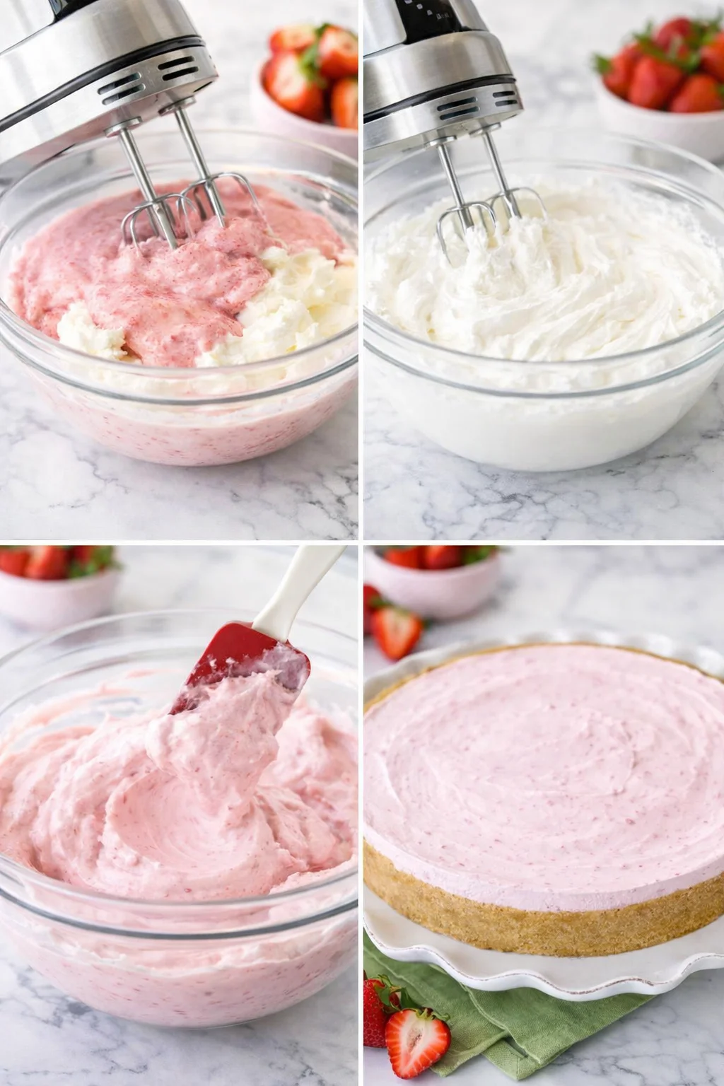 Smooth pink strawberry cream filling being spread evenly over chilled crumb crust.