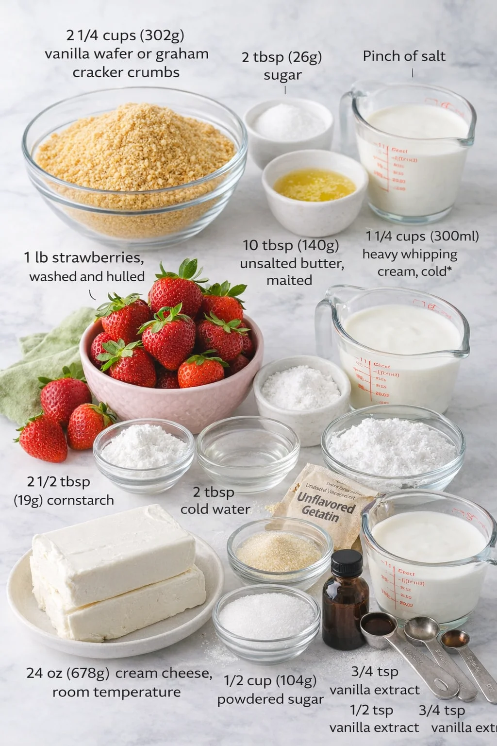 Measured ingredients arranged for Easy No Bake Strawberry Cheesecake - The Perfect Strawberry Dessert: 2 1/4 cups (302g) vanilla wafer or graham cracker crumbs, 2 tbsp (26g) sugar, Pinch of salt, 10 tbsp (140g) unsalted 