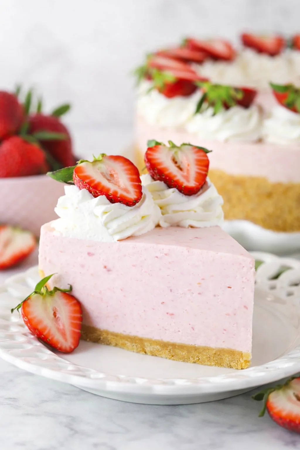 Final plated Easy No Bake Strawberry Cheesecake - The Perfect Strawberry Dessert served as a hero shot