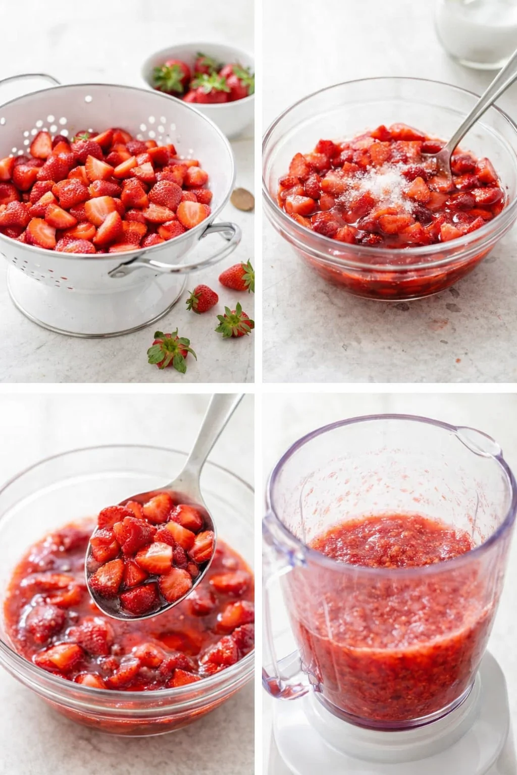 Chopped strawberries in bowl being macerated with sugar and liqueur, some removed with slotted spoon.