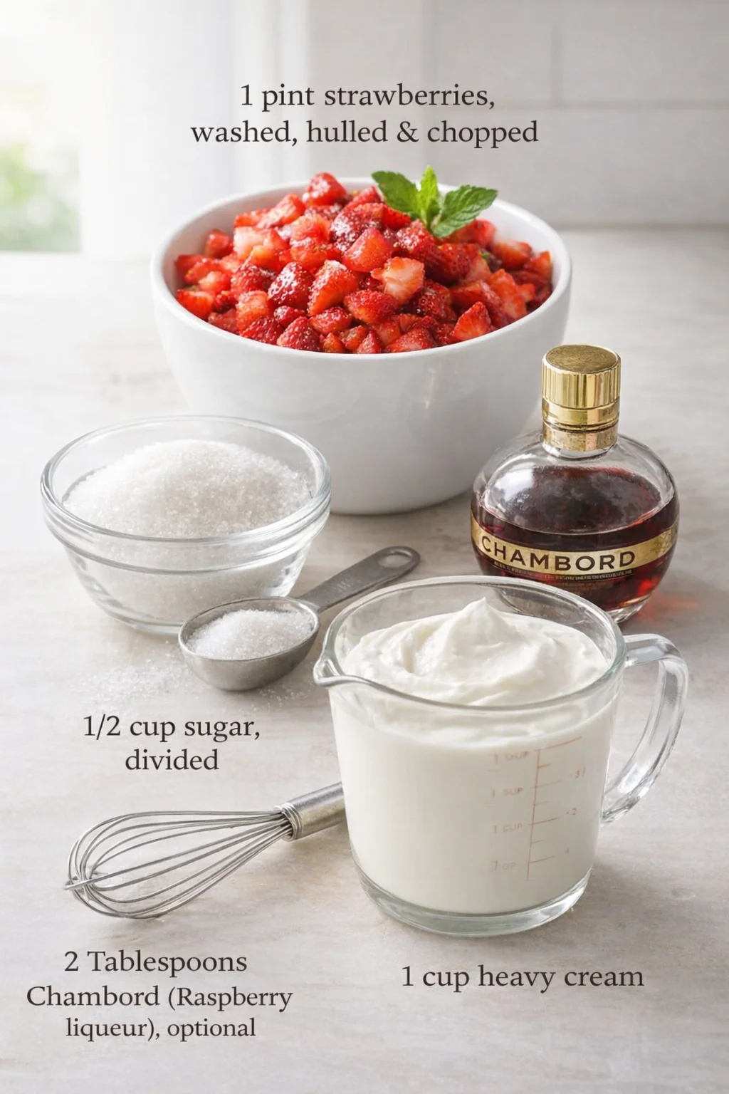 Measured ingredients arranged for Strawberry Parfait: 1 pint strawberries, washed, hulled and chopped, 1/2 cup sugar, divided, 1 cup heavy cream, 2 Tablespoons Chambord (Raspberry liqueur), optional