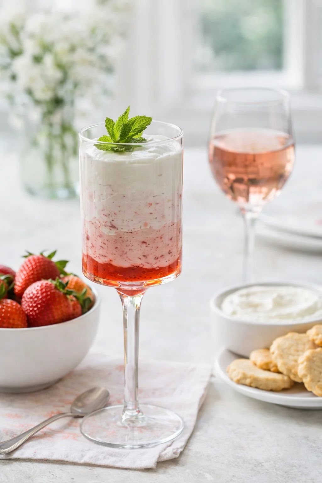 Alternative angle of Strawberry Parfait served with a pairing