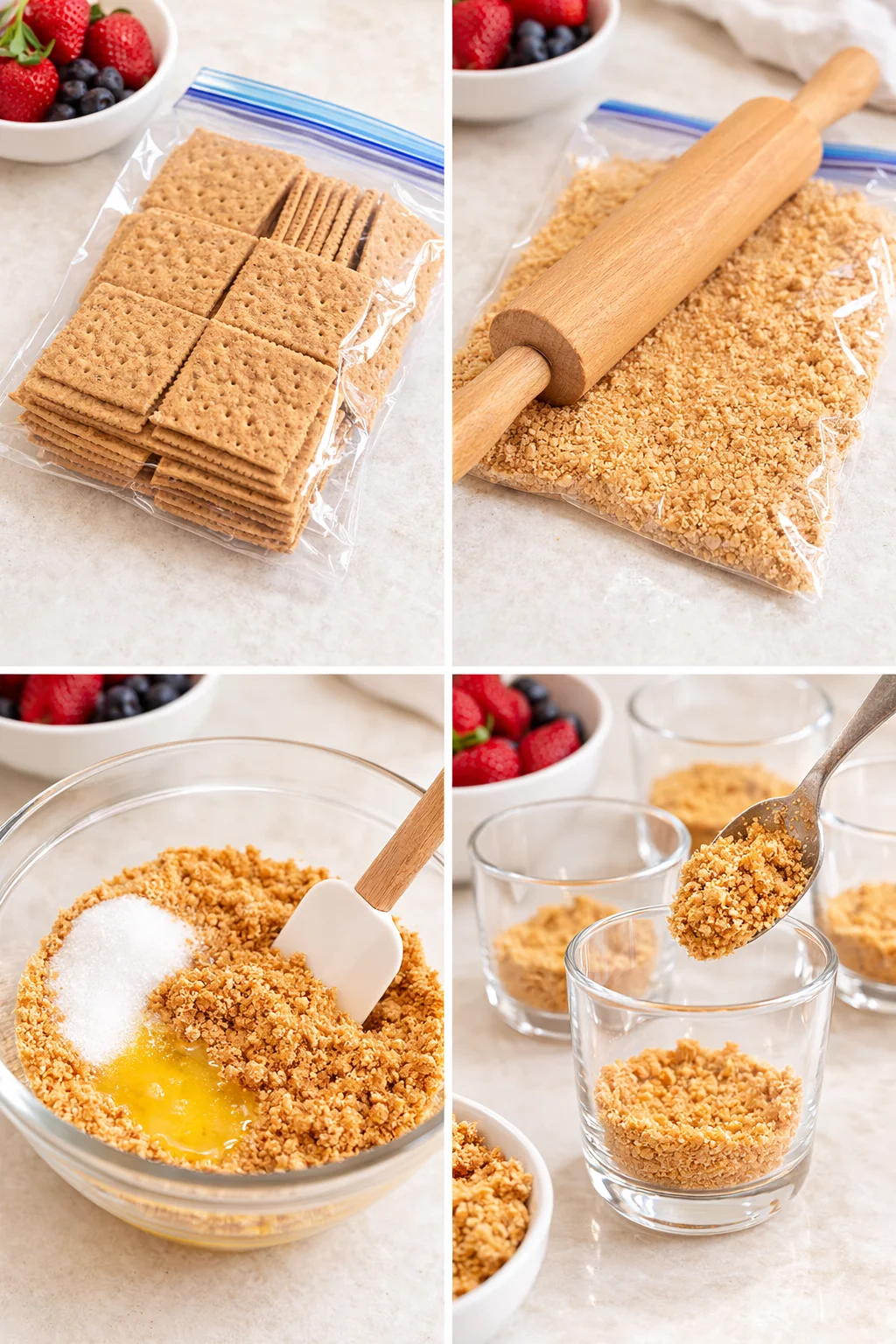 Sealed bag of graham crackers crushed, mixed with sugar and melted butter, spooned into cups.