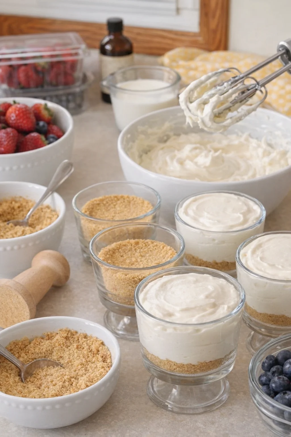 Pressing crust into cup bottoms, then whipping cream cheese mixture and spooning filling into cups.