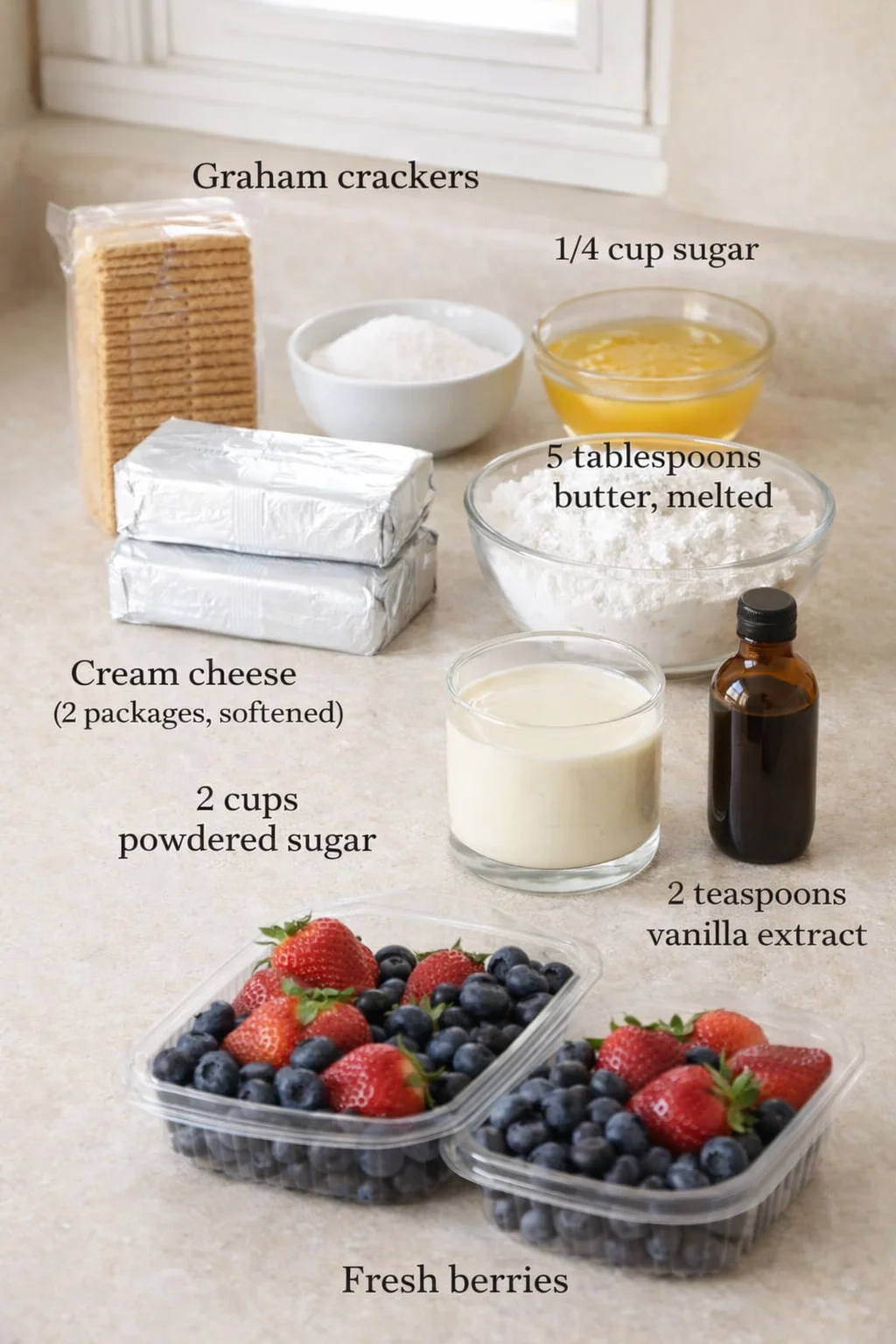 Measured ingredients arranged for Individual No-Bake Cheesecake Cups: 1 sleeve graham crackers, 1/4 cup sugar, 5 tablespoons butter, melted, 2 packages (8 oz each) cream cheese, softened, 2 cups powdered sugar, 2 cups he