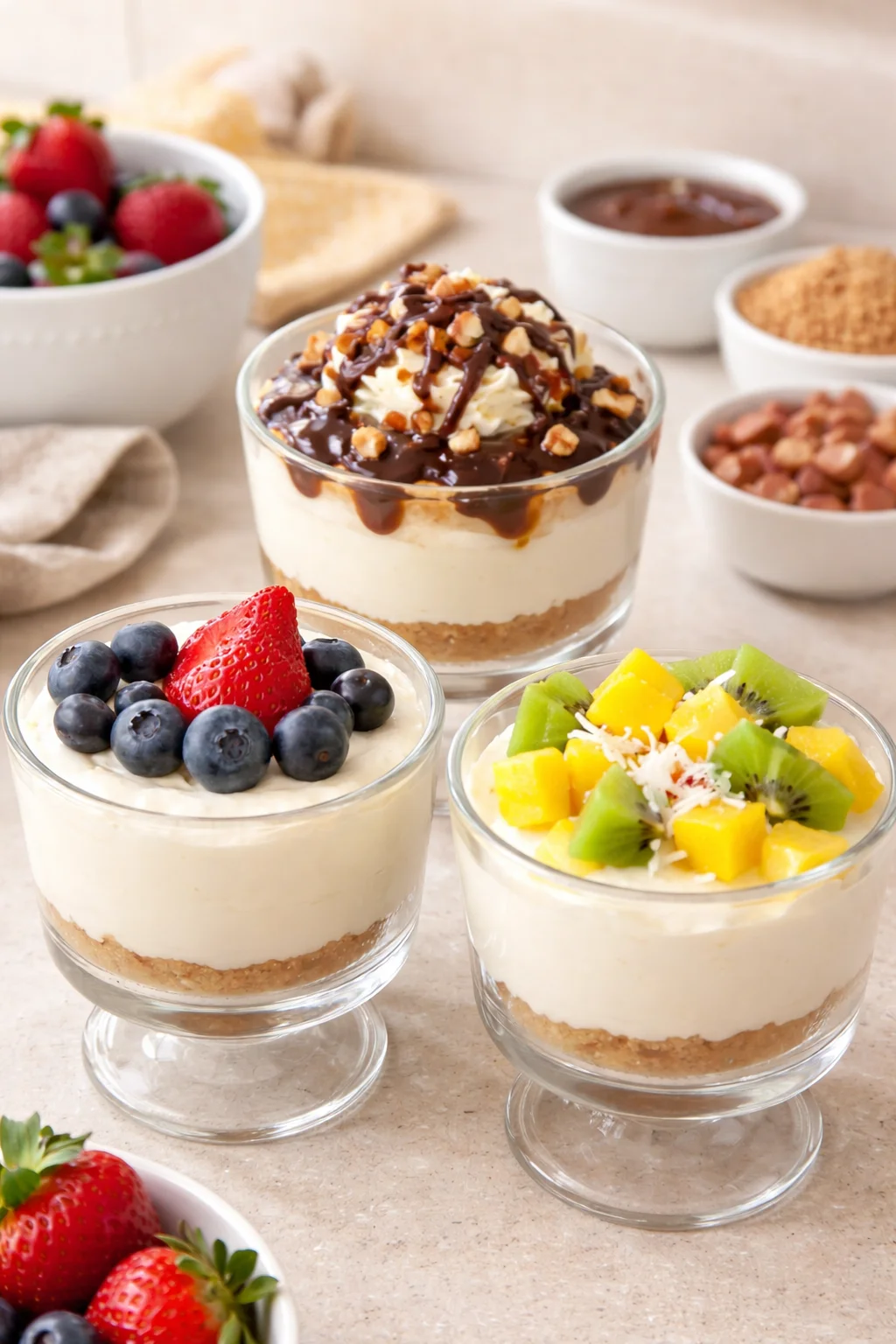 Variation ideas for Individual No-Bake Cheesecake Cups shown in a styled layout