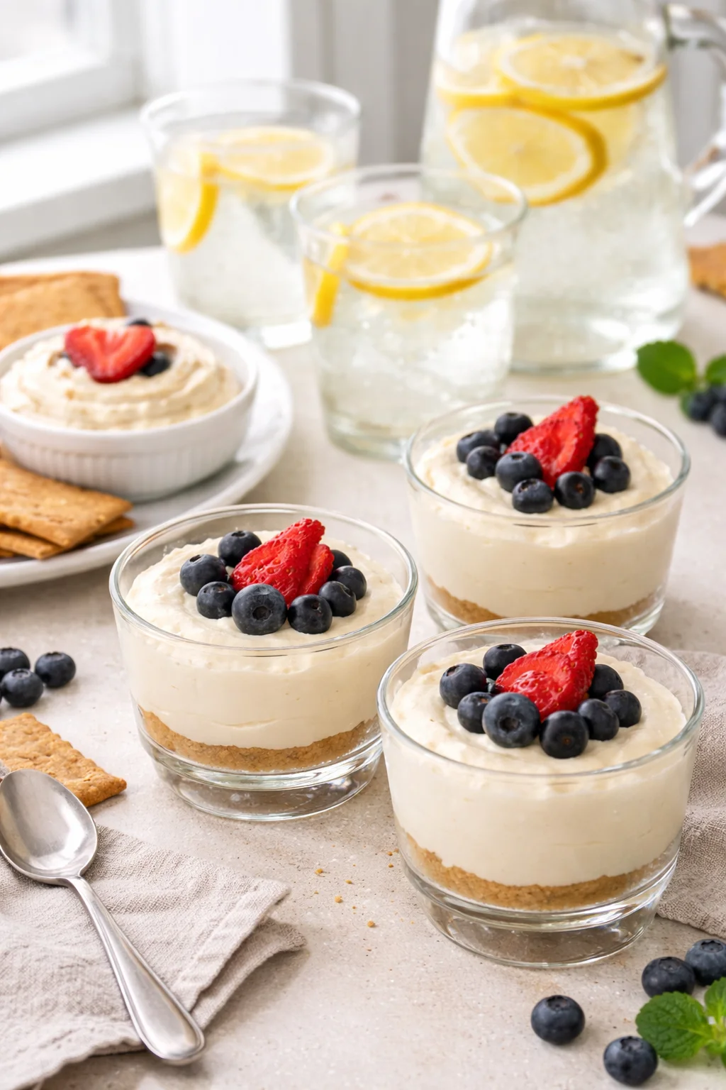 Alternative angle of Individual No-Bake Cheesecake Cups served with a pairing