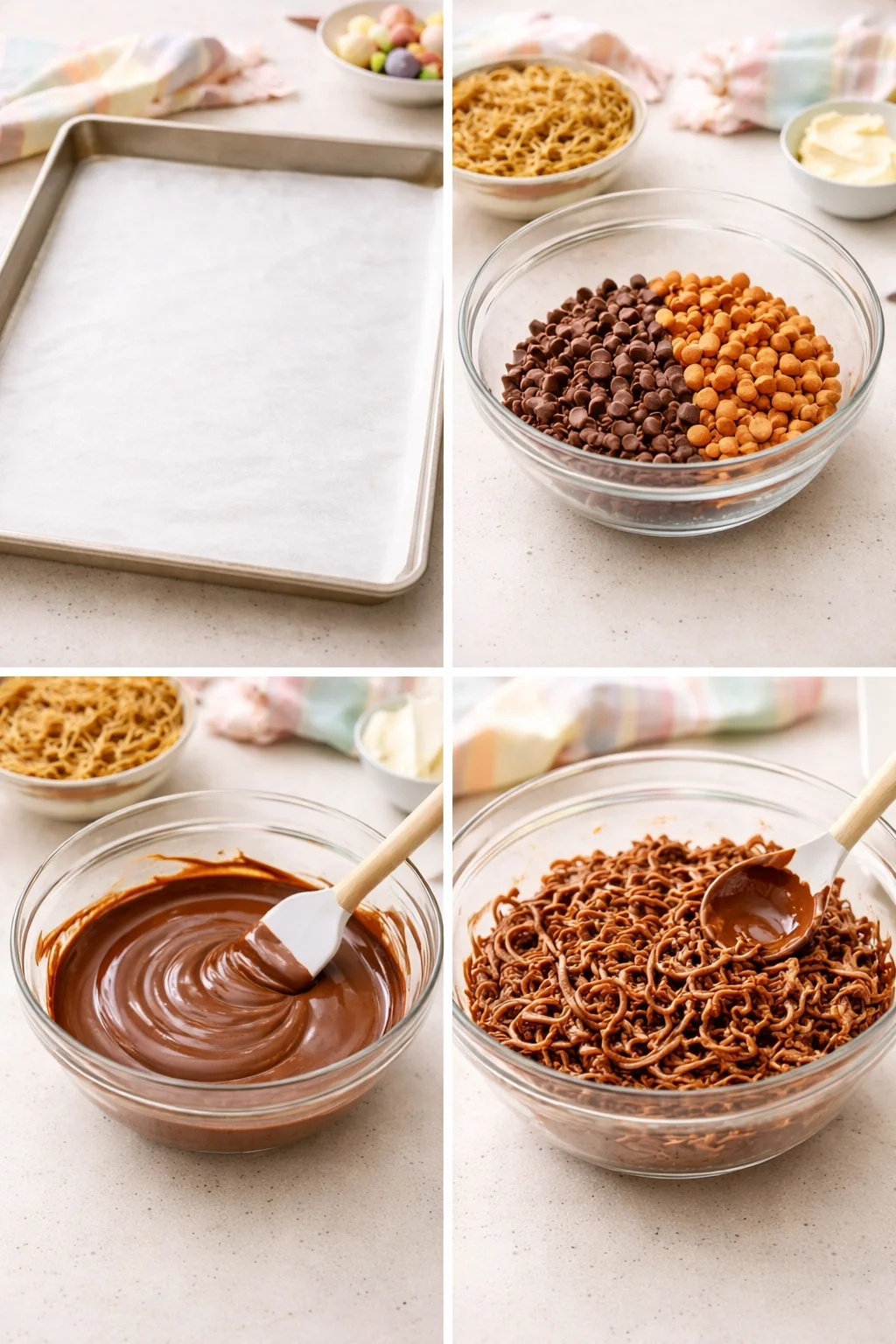 Baking sheet lined with parchment; melted chocolate being poured over chow mein noodles in bowl.