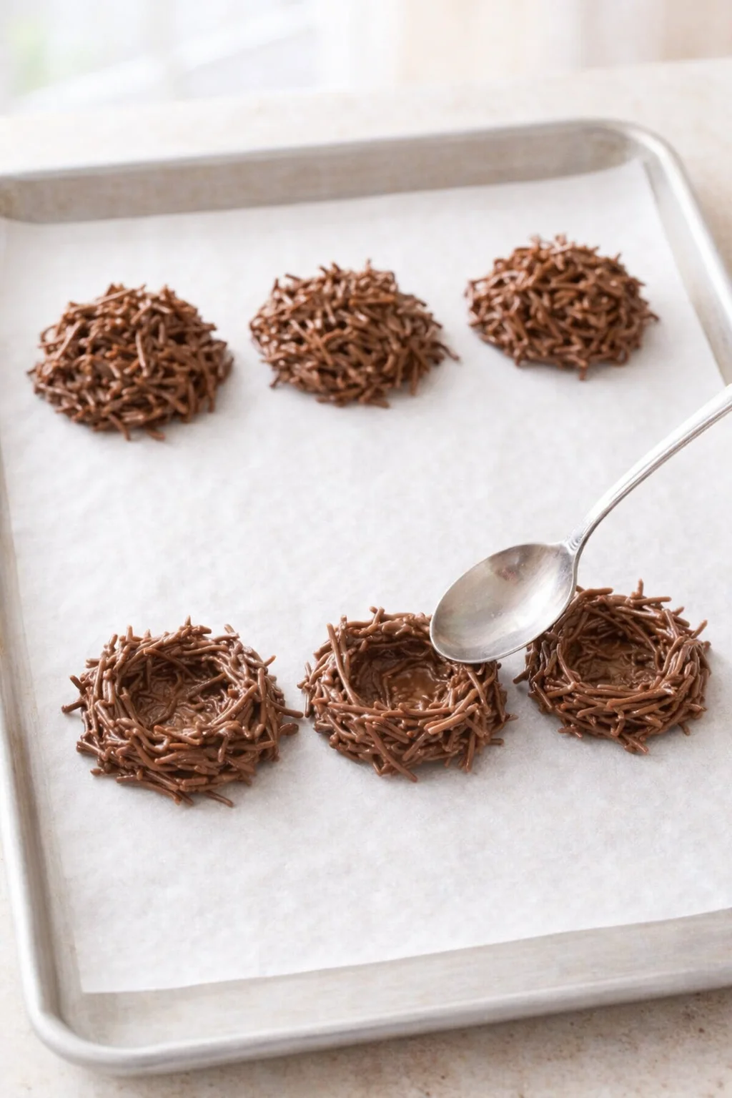 Spoonful nests of coated noodles spaced on parchment, spoon pressing and scooping shallow wells.