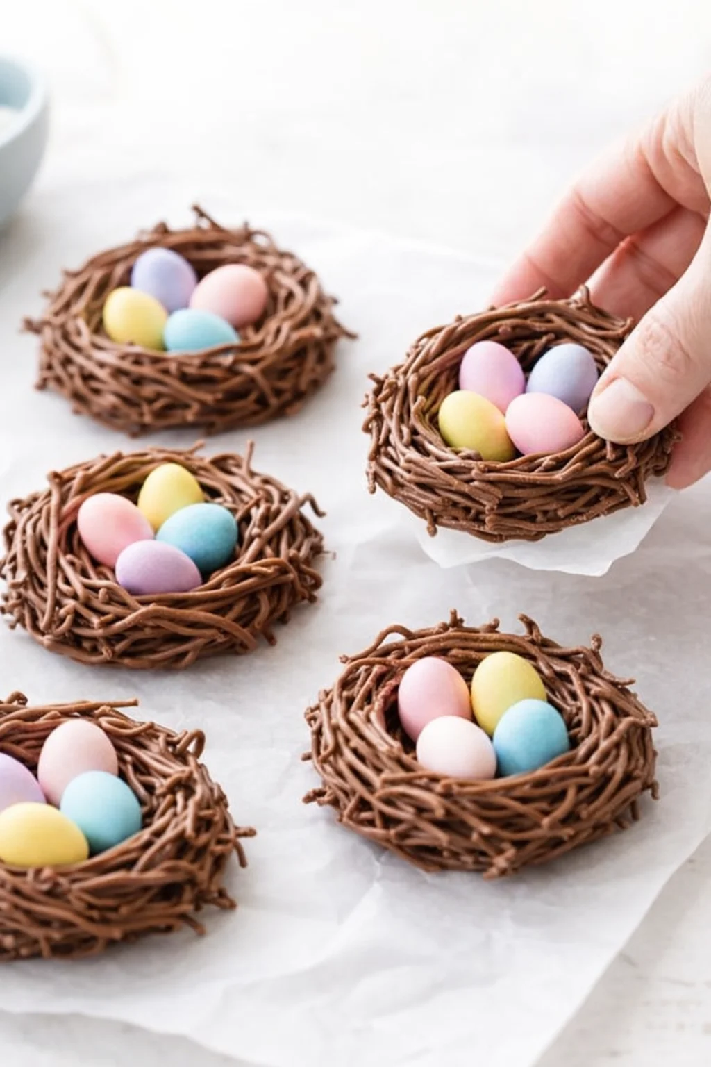 Three pastel candy eggs arranged in each chocolate nest, then nests cooling and peeled from parchment.