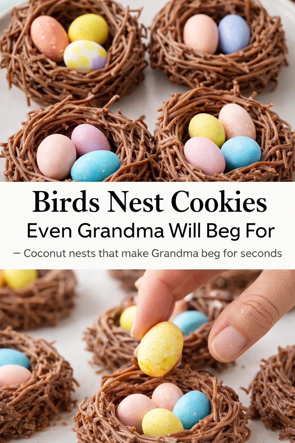 Pinterest-style image for Birds Nest Cookies Even Grandma Will Beg For with centered text overlay