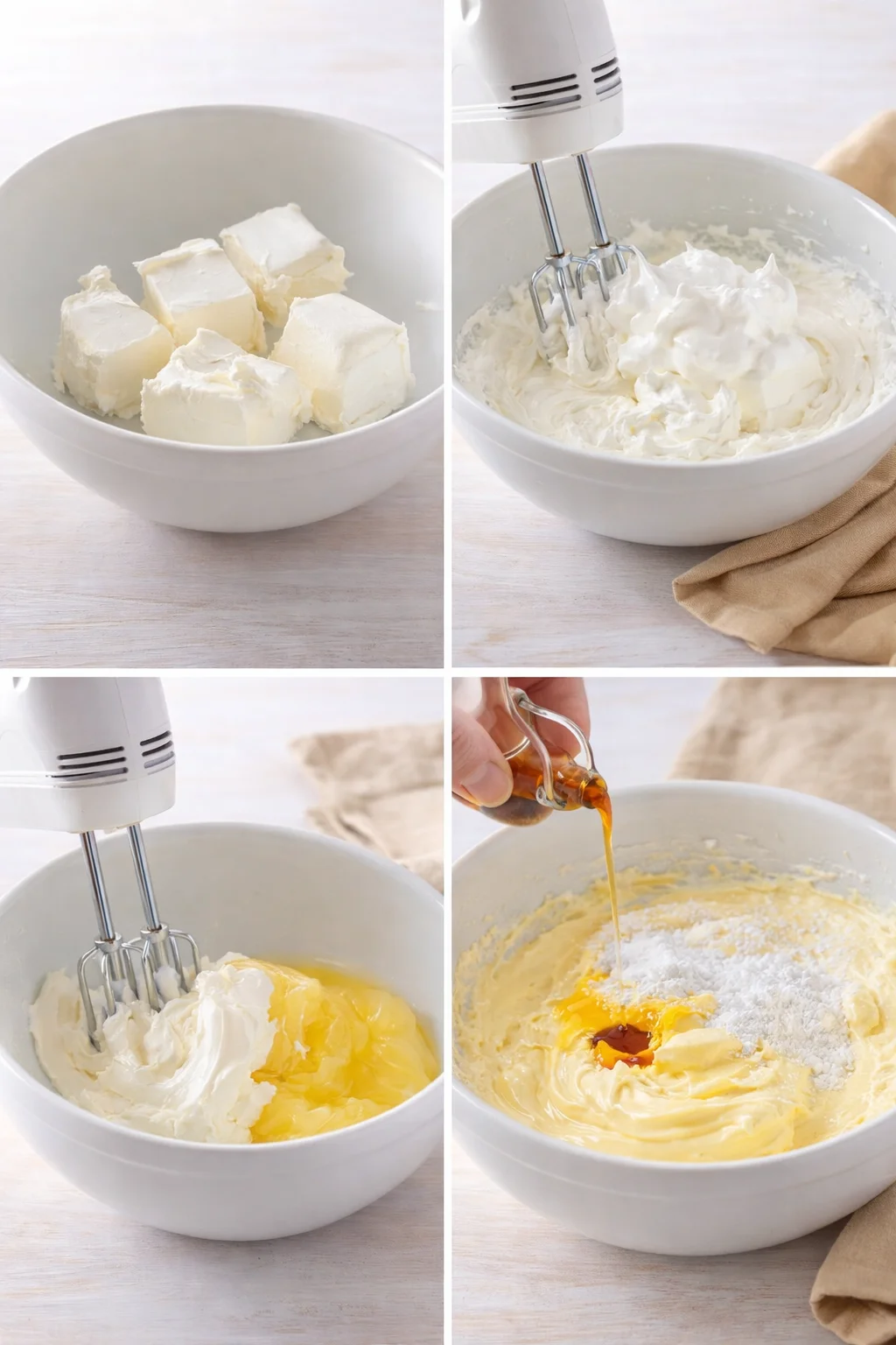 Stand mixer bowl with whipped cream beaten to stiff peaks, then mixed with cream cheese and lemon filling into silky pale-yellow batter.