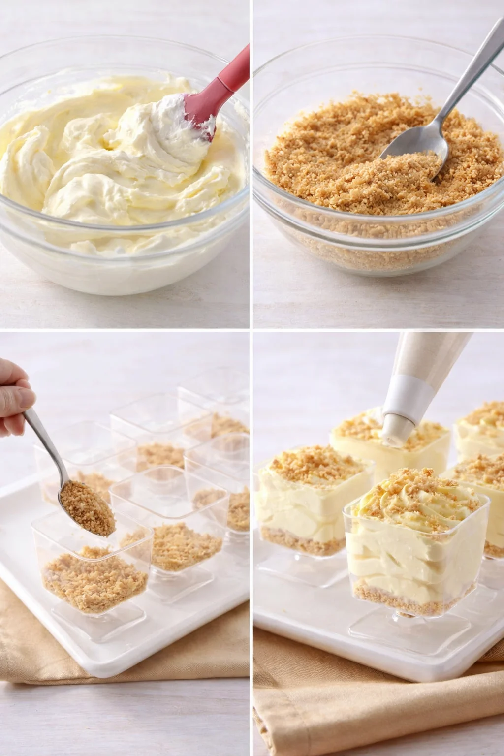 Bowl of moistened graham crumbs beside spatula folding whipped cream into lemon mixture, mousse piped into cups.