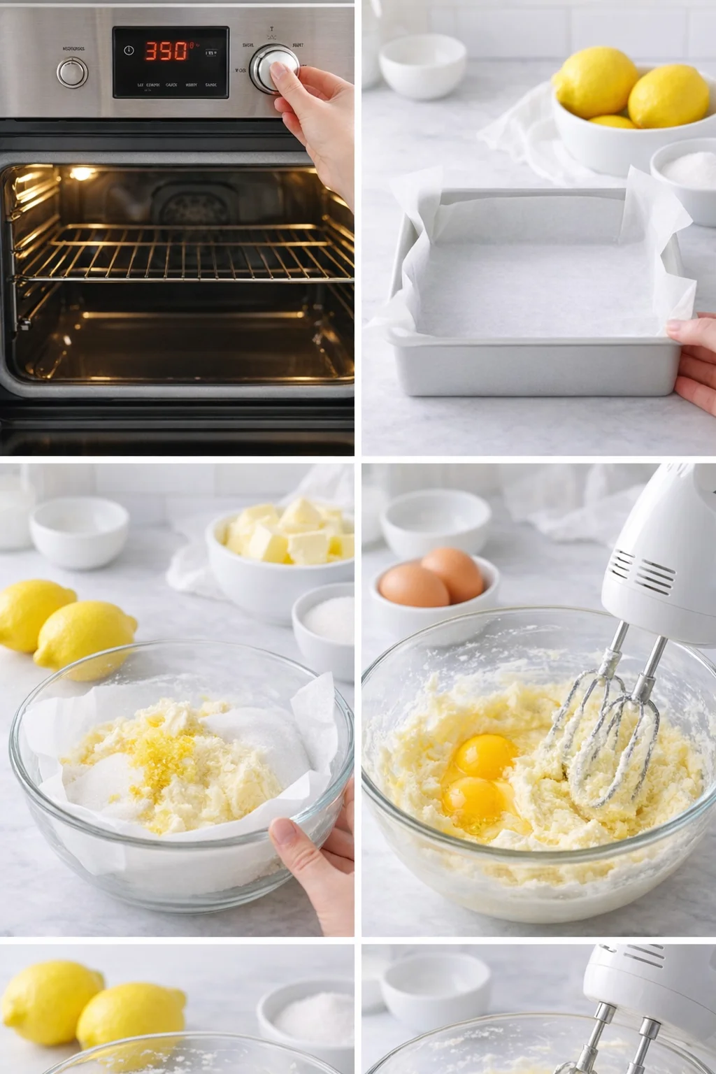 Mixer beating butter, sugar, and lemon zest into a pale, fluffy batter while eggs sit nearby.