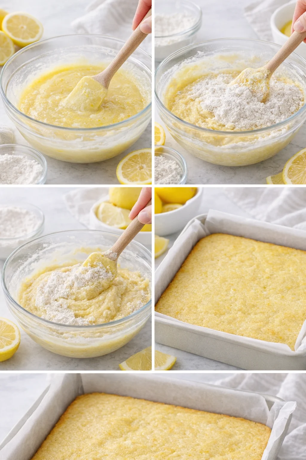 Smooth pale lemon batter being spread into parchment-lined pan with a spatula before baking.