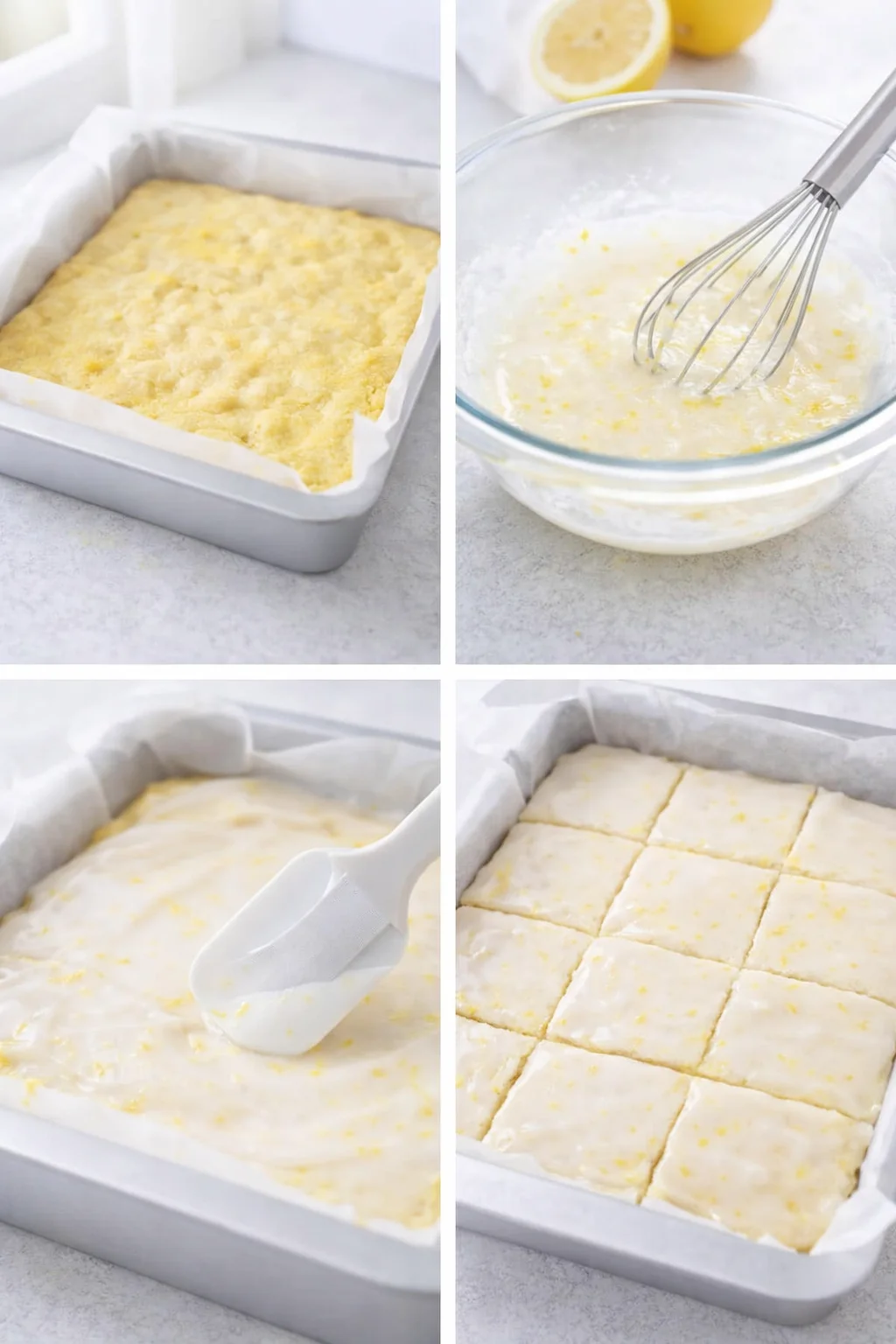 Glossy lemon glaze being drizzled and spread over partially cooled brownies in the pan.