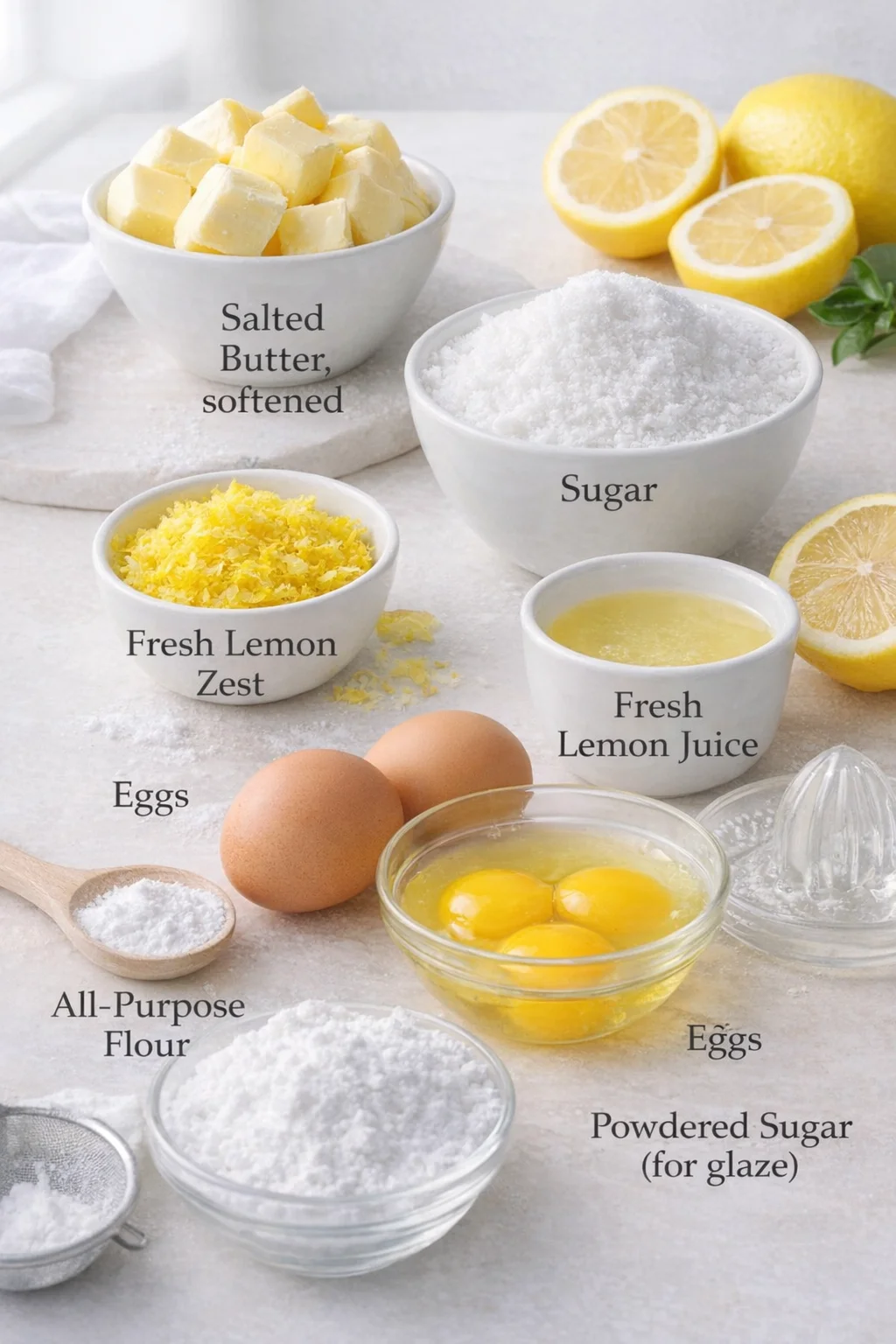 Measured ingredients arranged for Lemon Brownies: Salted butter, softened, Sugar, Fresh lemon zest, Fresh lemon juice, Eggs, All-purpose flour