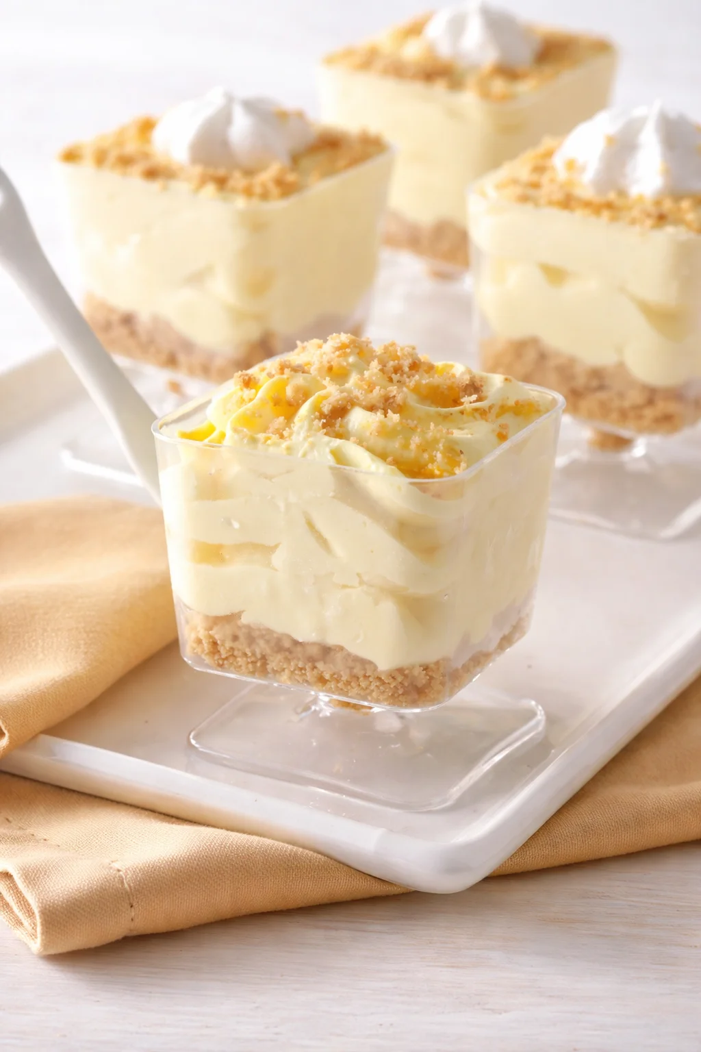 Final plated No-Bake Lemon Cheesecake Mousse Cups - Overtime Cook served as a hero shot