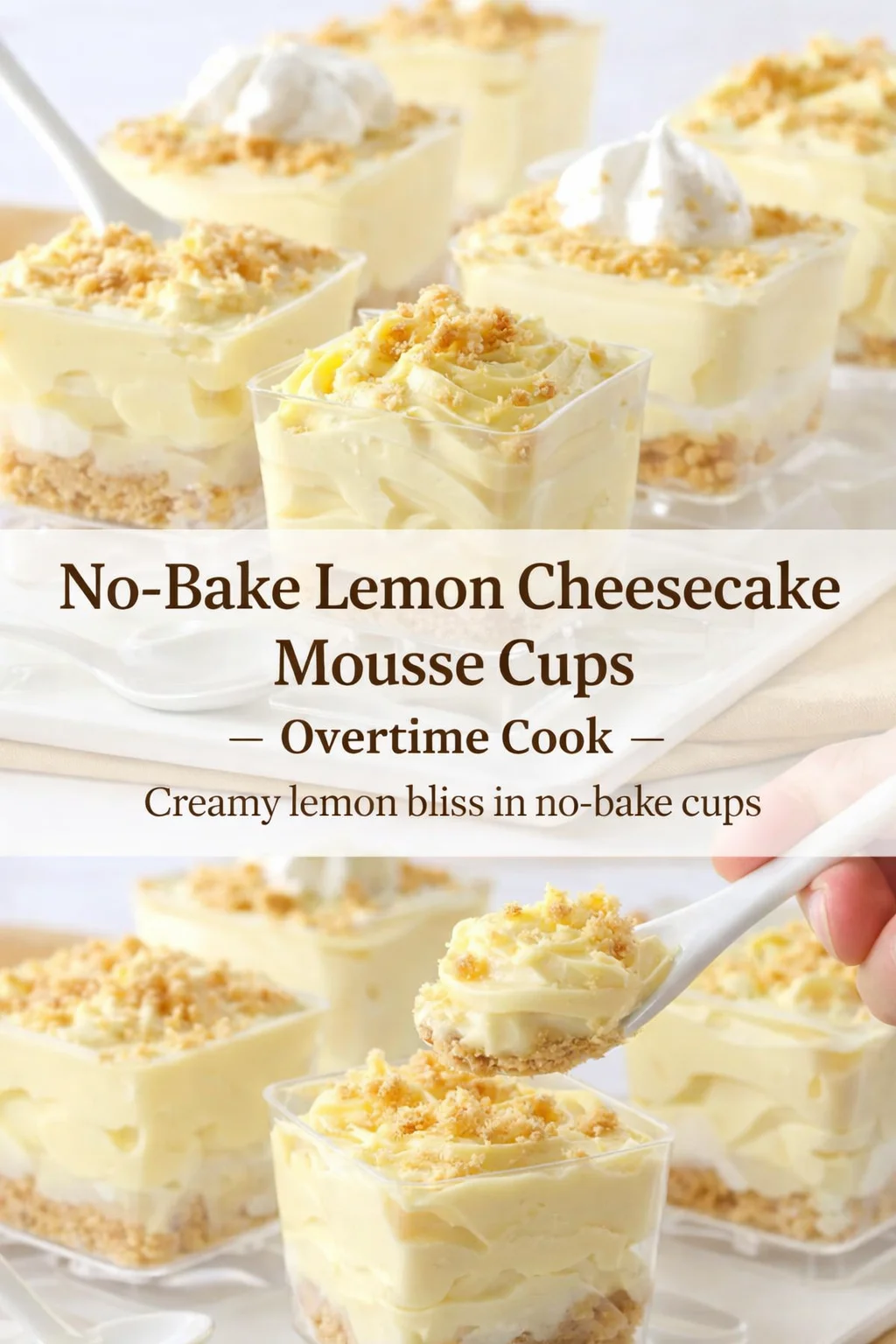 Pinterest-style image for No-Bake Lemon Cheesecake Mousse Cups - Overtime Cook with centered text overlay