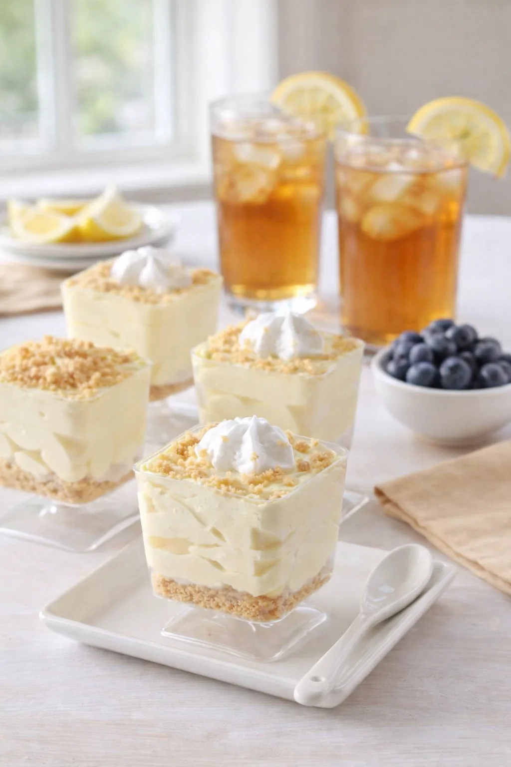 Alternative angle of No-Bake Lemon Cheesecake Mousse Cups - Overtime Cook served with a pairing