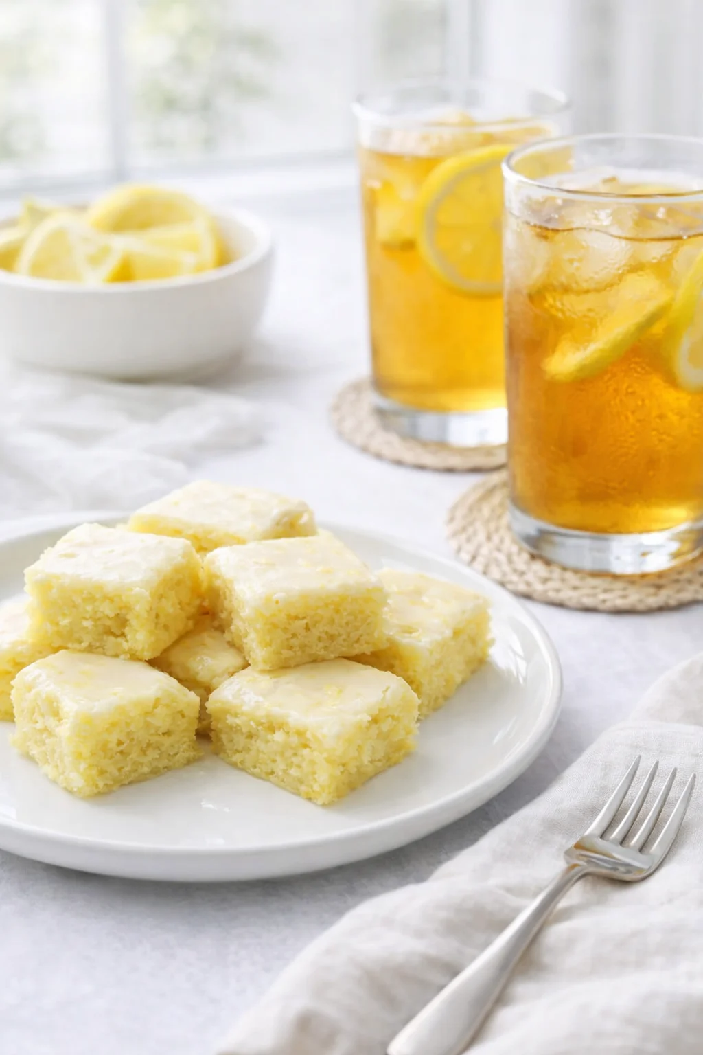Alternative angle of Lemon Brownies served with a pairing