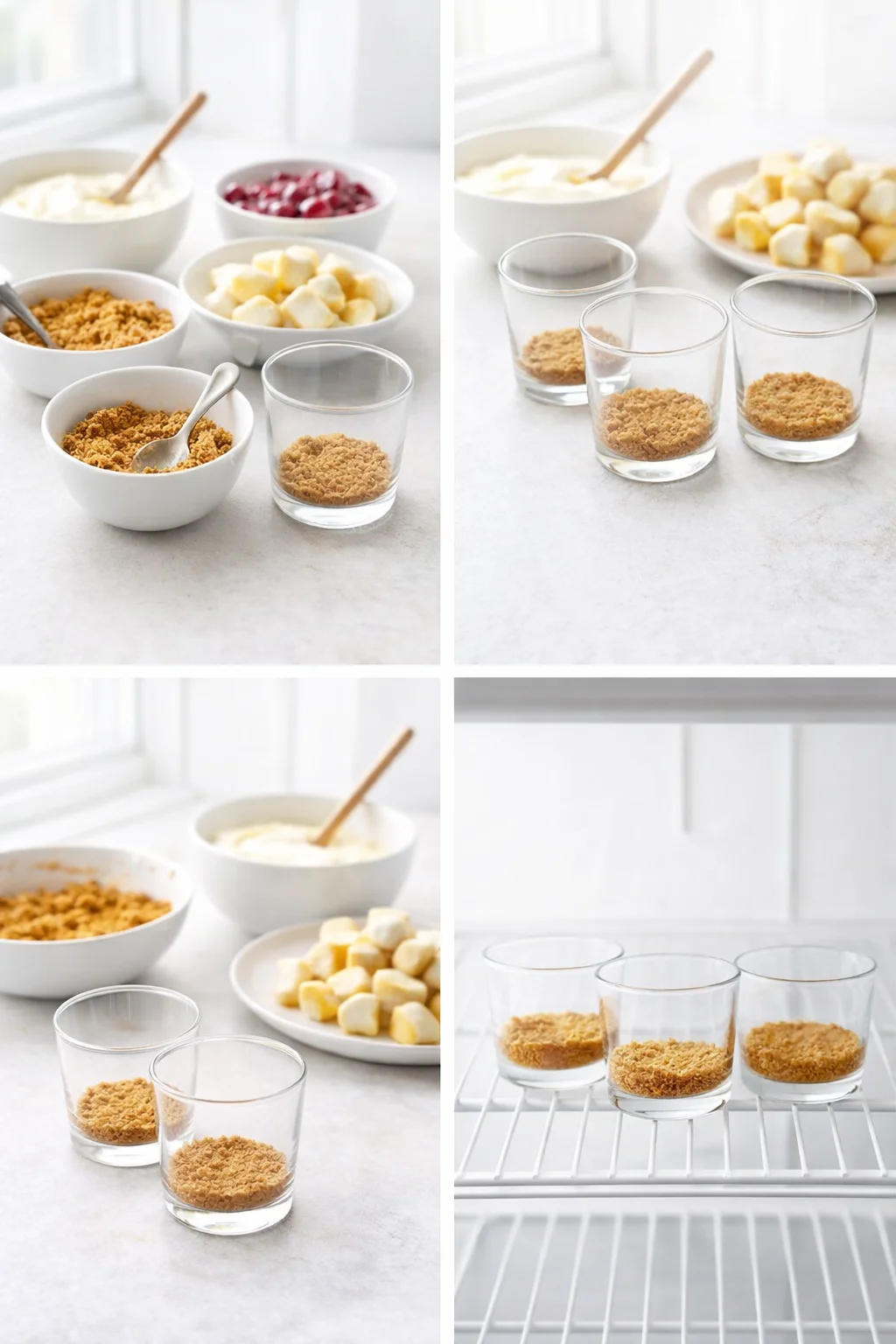Hands pressing cookie crumbs mixed with butter into small 4-ounce cups, crumb bases chilling on tray.