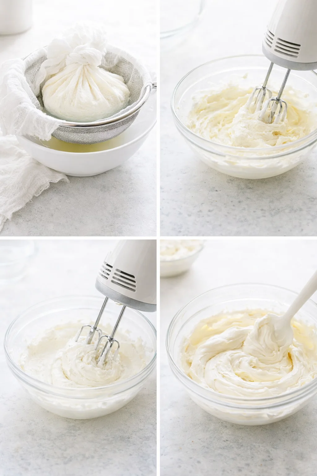 Spatula folding whipped cream into smooth mascarpone or cream-cheese mixture, bowl with whipped peaks beside draining ricotta.