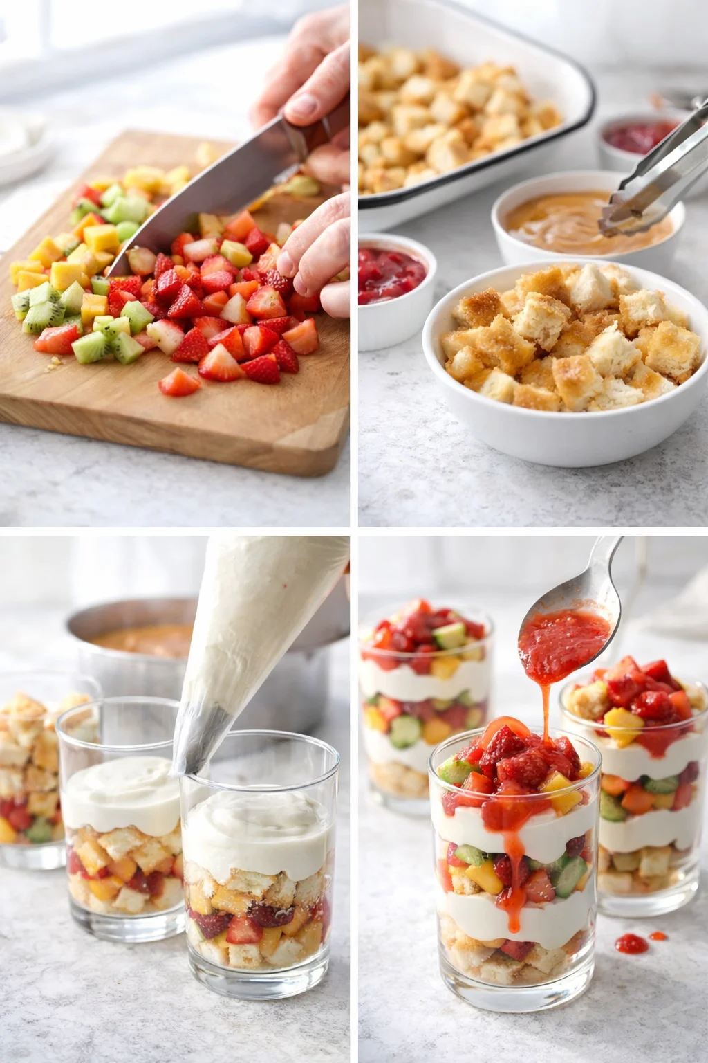 Piping bag dispensing filling into crumb base, layered with diced fruit and warm compote in cups.