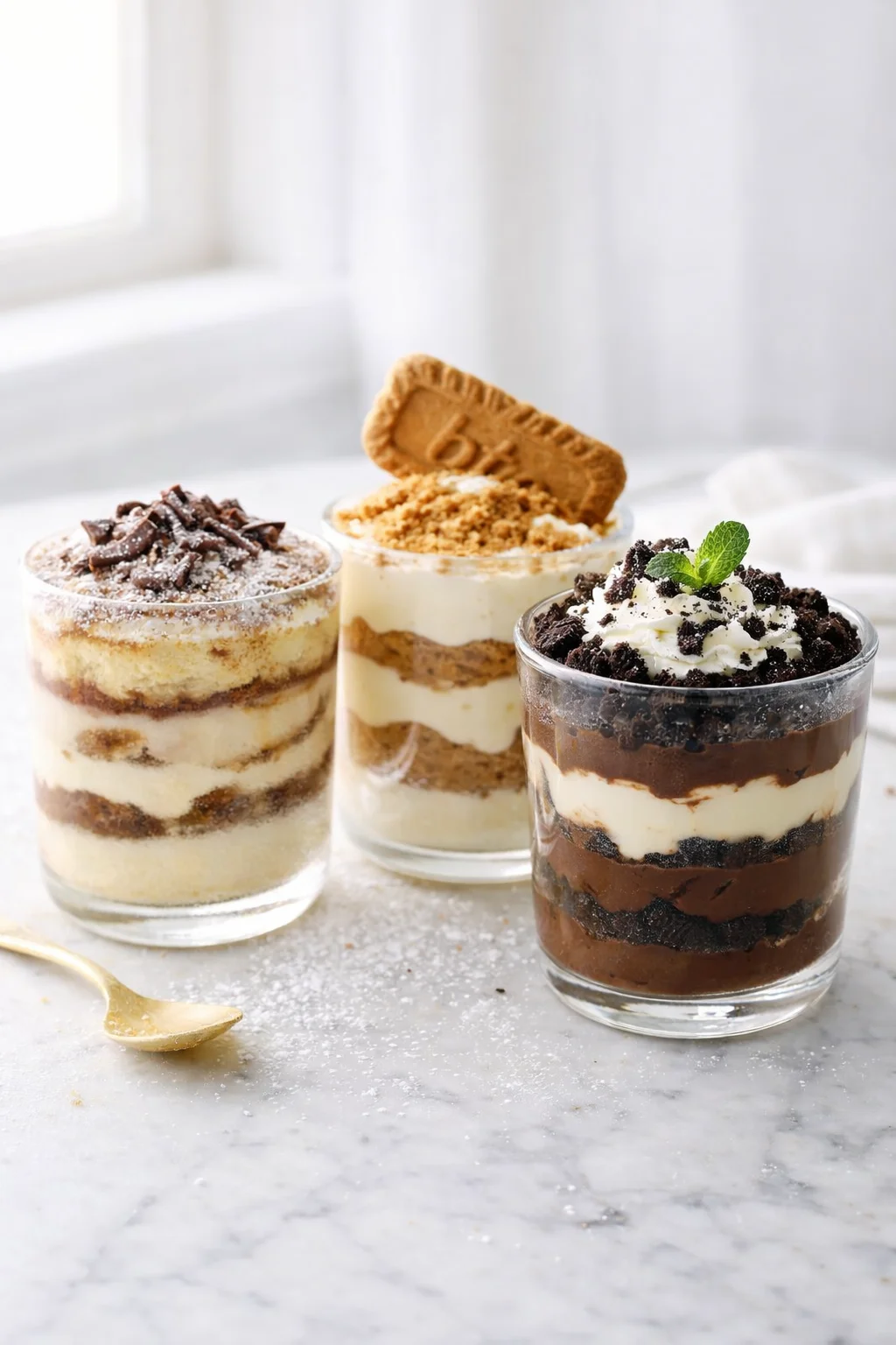 Assembled dessert cups chilling in fridge, one cup receiving powdered sugar, whipped cream, chocolate shavings.