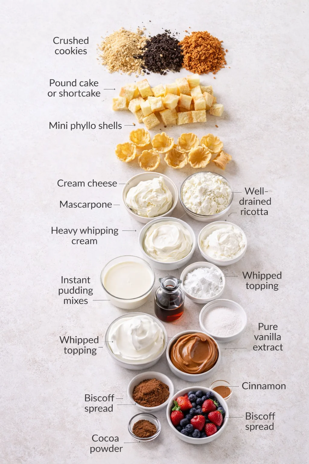 Measured ingredients arranged for Irresistible Layers Await in These Gorgeous Dessert Cups: crushed cookies like graham crackers, Oreos, or Biscoff, cubes of shortcake or pound cake, mini phyllo shells, cream cheese, mas