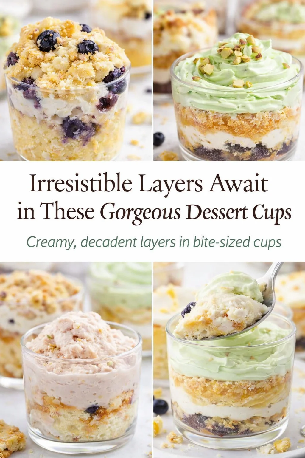 Pinterest-style image for Irresistible Layers Await in These Gorgeous Dessert Cups with centered text overlay