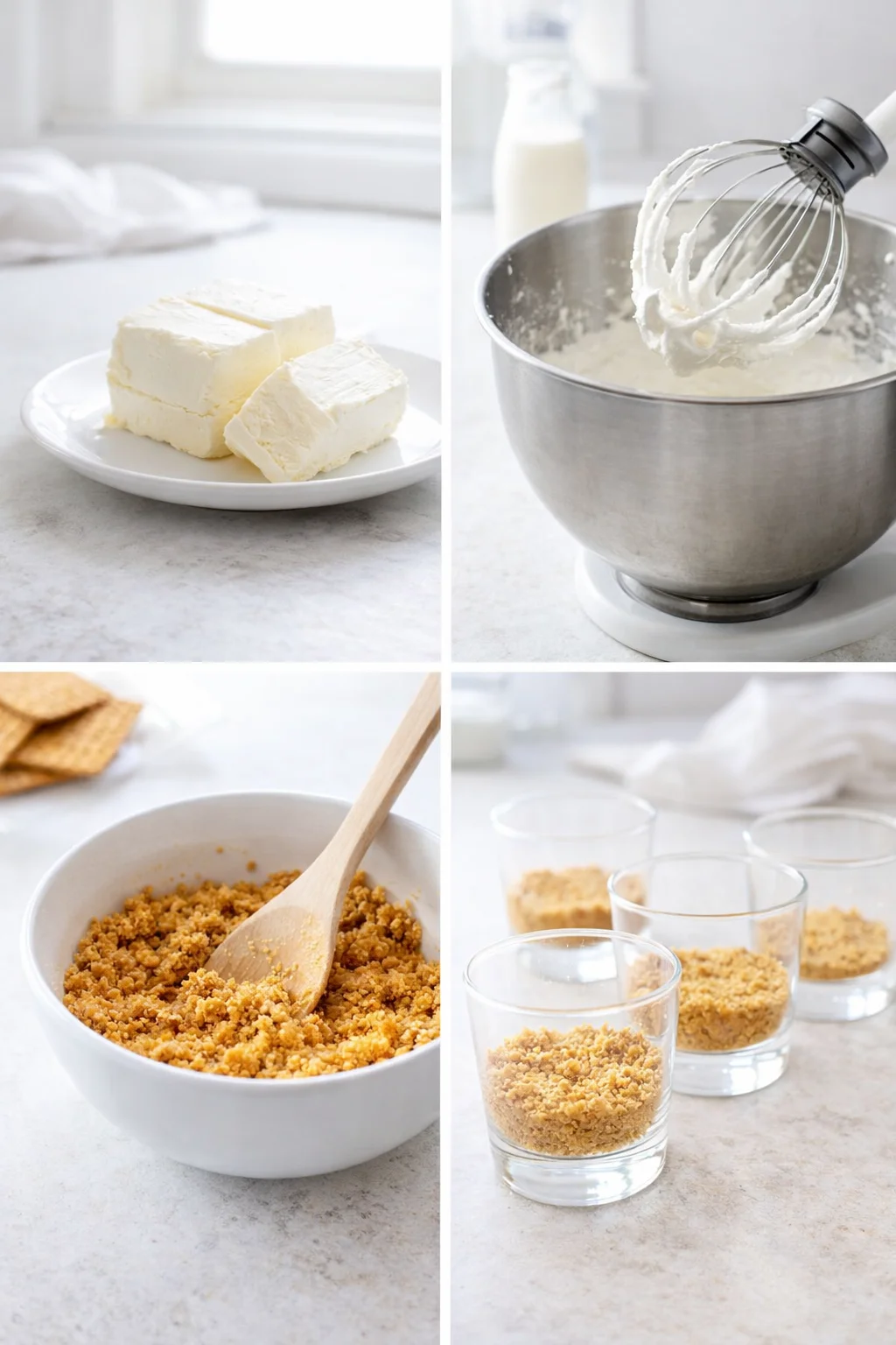 Hands spoon graham-cracker crust into glass cups, bowl of butter-coated crumbs and softened cream cheese visible.