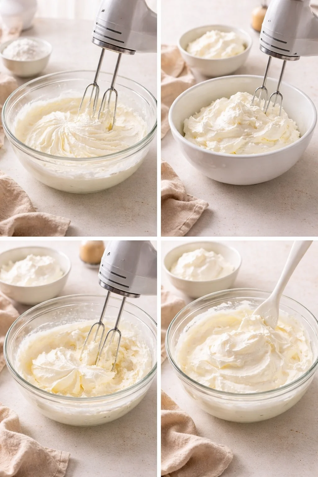 Mixer whipping cream to stiff peaks in chilled bowl, whipped cream being folded into smooth cream cheese.