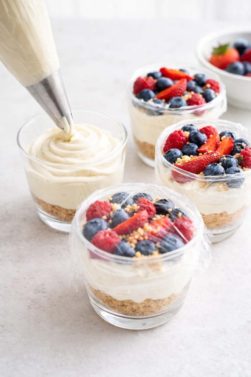 Piped cheesecake filling swirled in cups, topped with berries and crumbs, ready covered for chilling.