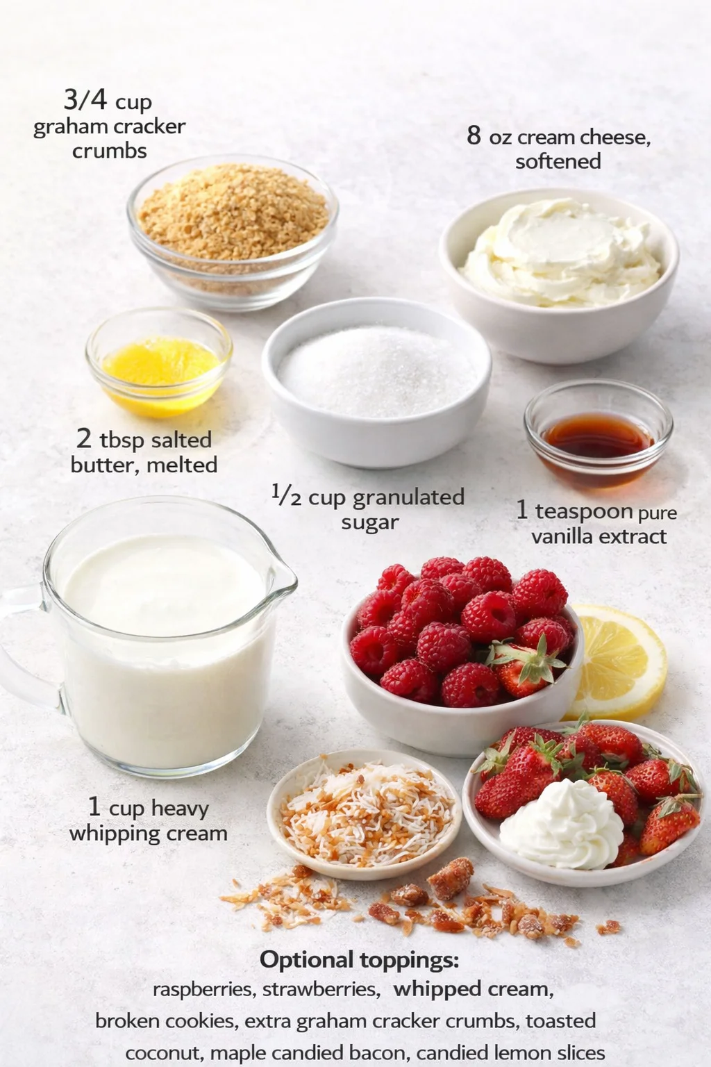 Measured ingredients arranged for The Creamiest No-Bake Cheesecake Cups Recipe EVER!! | Rose Bakes: 3/4 cup graham cracker crumbs, 2 tbsp salted butter, melted, 8 oz cream cheese, softened, 1/2 cup granulated sugar, 1 te